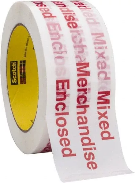 3M Packing Tape: 2" Wide, Red & White, Rubber Adhesive