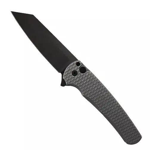 Pro-Tech Knives Malibu Reverse Tanto Button Lock Folding Knife Grey Battleworn Scales – Black DLC