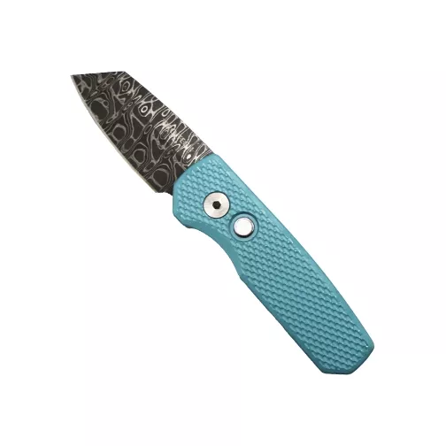Pro-Tech Knives Runt 5 Reverse Tanto Automatic Folding Knife Textured Blue – Damascus