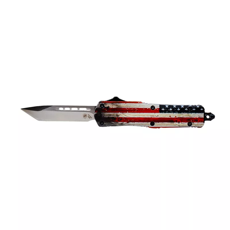 Templar Knife Small Wood US Flag Silver Tanto - Automatic OTF Knife